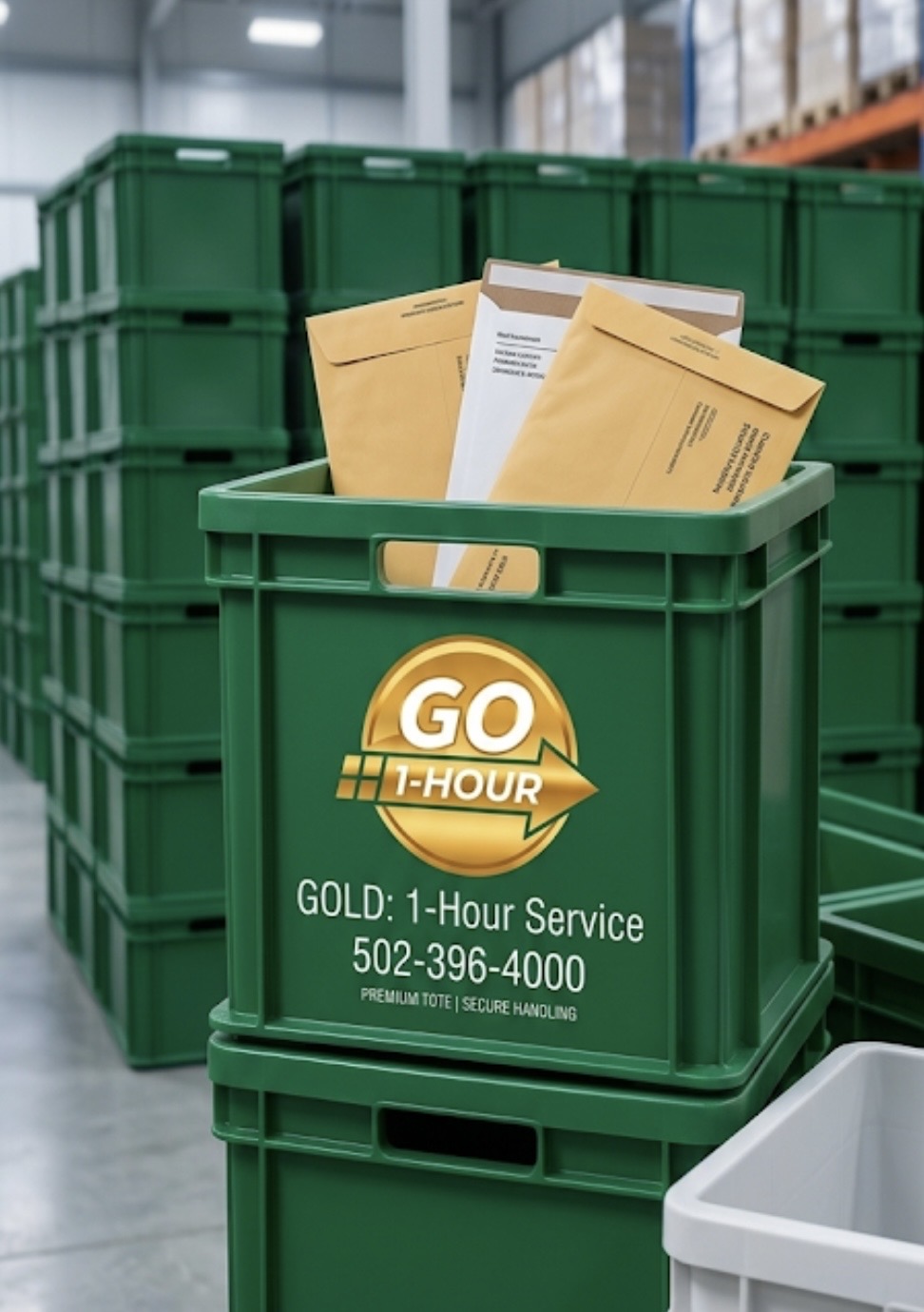 green crate with envelopes gold 3174